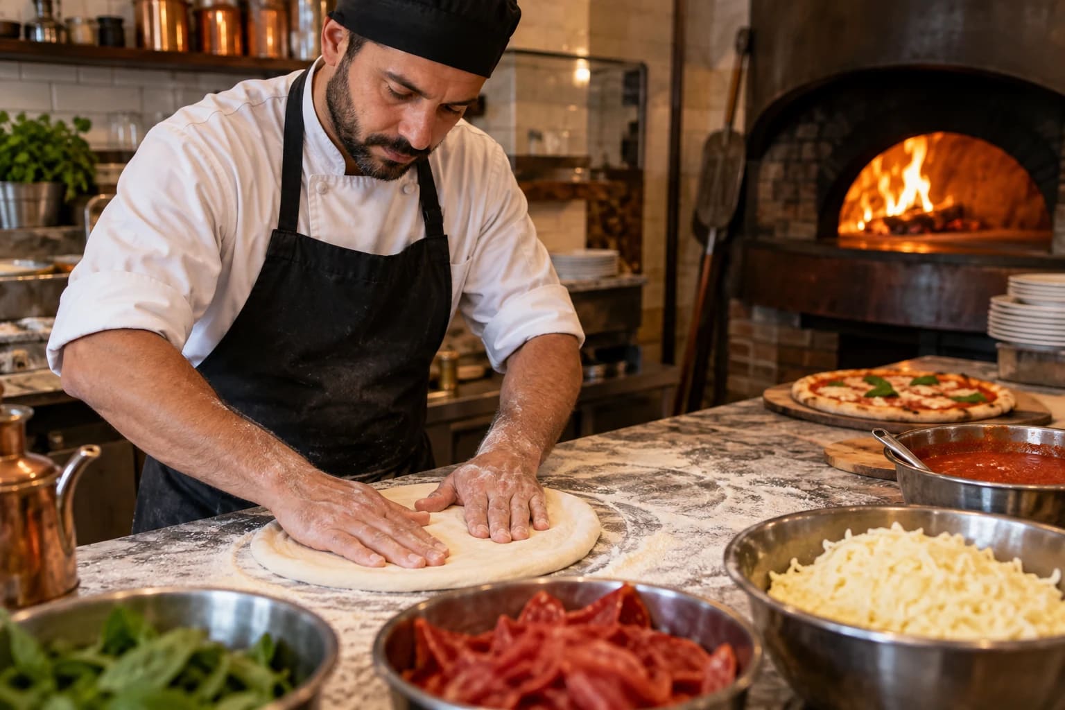 Pizzaiolo preparando massa