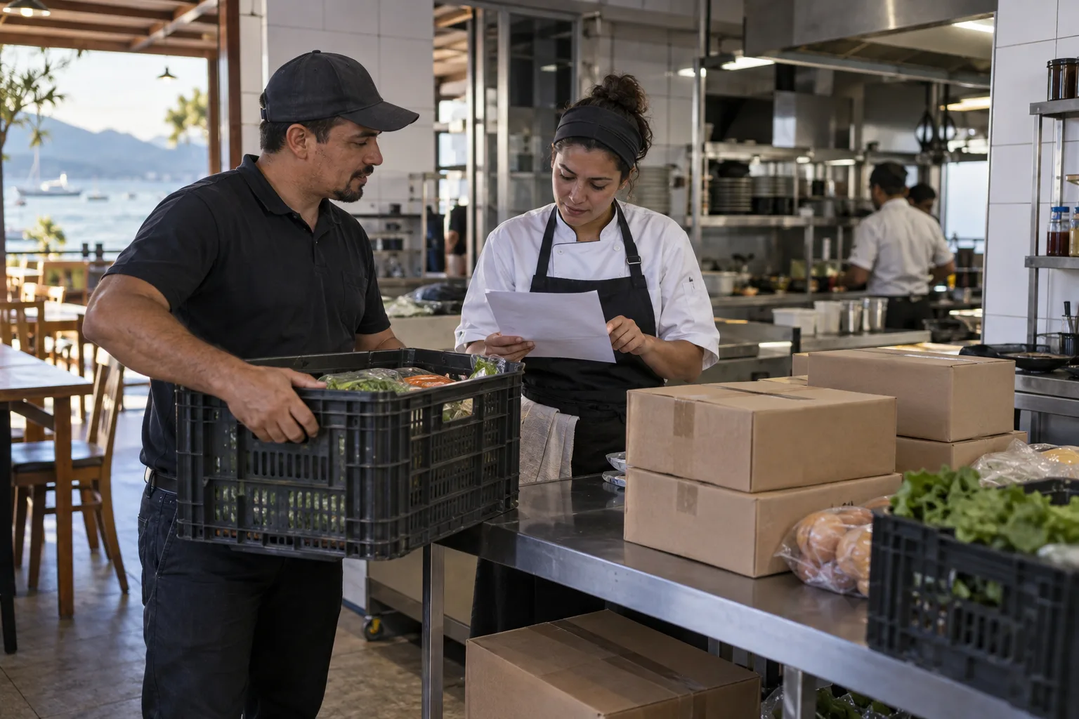 Conversa durante o recebimento de alimentos em uma cozinha
