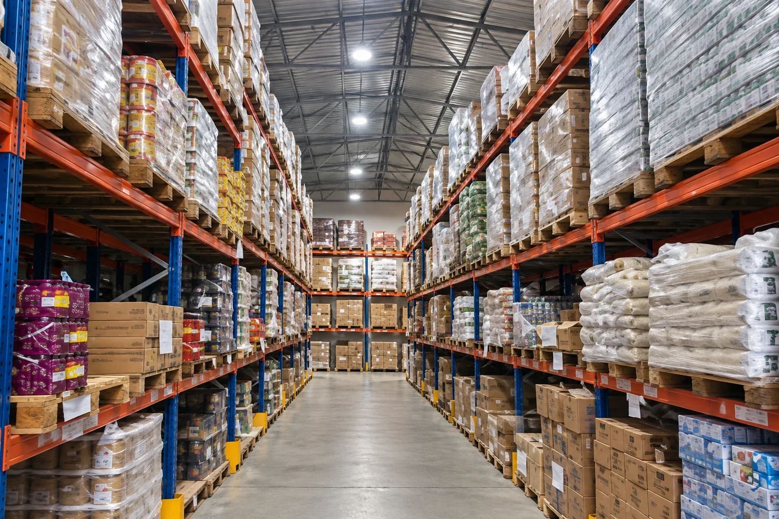 Corredor de armazenamento com alimentos em paletes