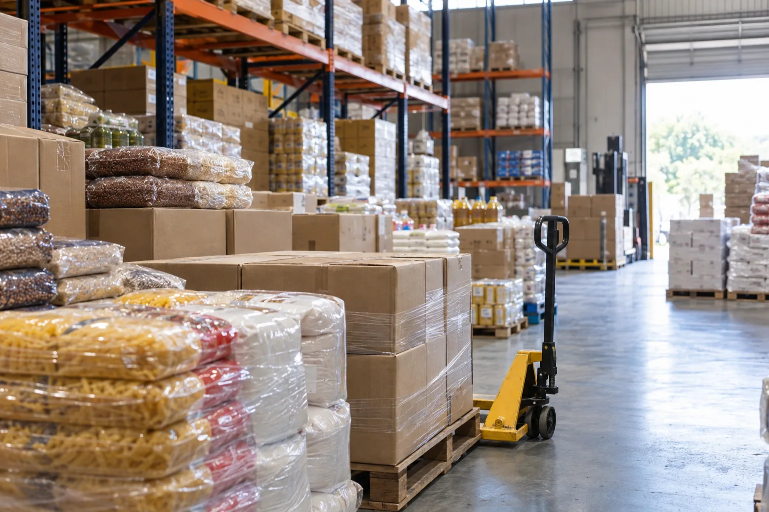 Pallets de alimentos e embalagens em um centro de distribuição